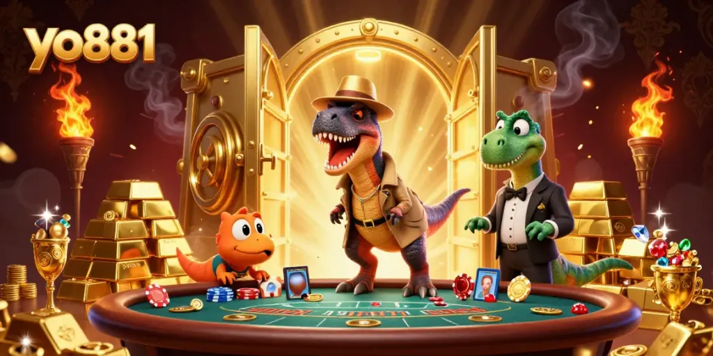Experience thrilling gaming with yo881 as a velociraptor card counter at a luxurious blackjack table.