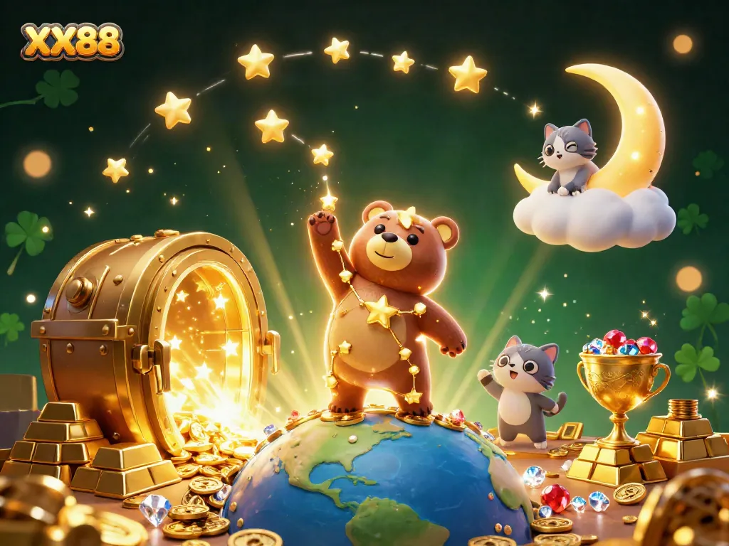 Experience the excitement of XX88 with golden treasures and whimsical characters in a vibrant casino scene.