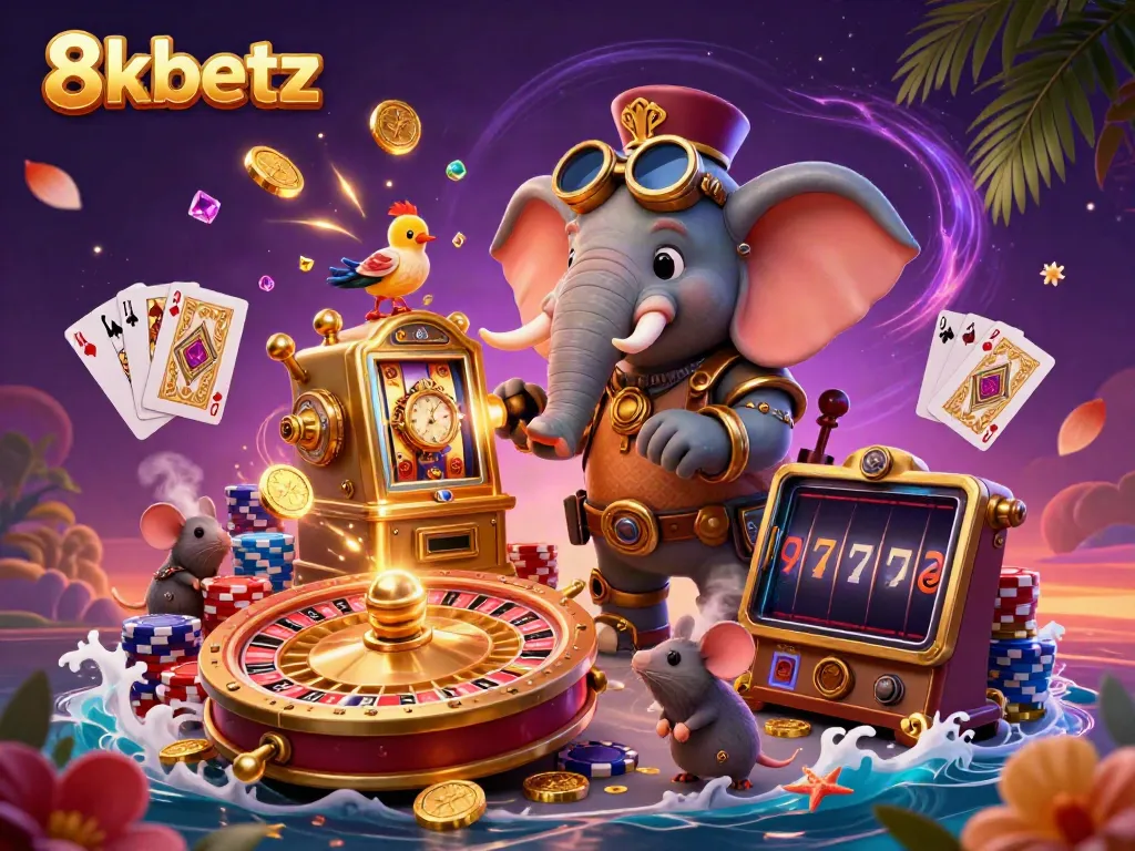 Engage with thrilling experiences at 8xbetz, where a steampunk elephant operates a golden slot machine amidst cascading coins and vibrant casino elements.