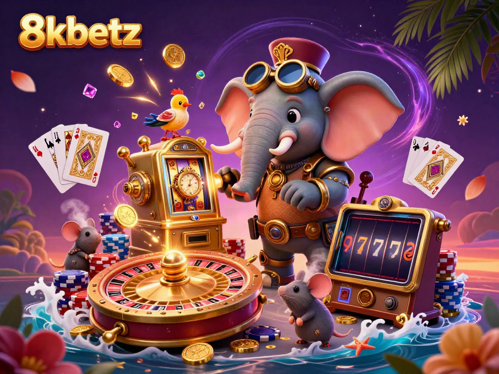 Engage with thrilling experiences at 8xbetz, where a steampunk elephant operates a golden slot machine amidst cascading coins and vibrant casino elements.