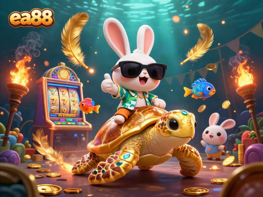 Cá cược sôi động với ea88, thỏ dễ thương lái rùa vàng, cùng máy chơi slot lấp lánh.