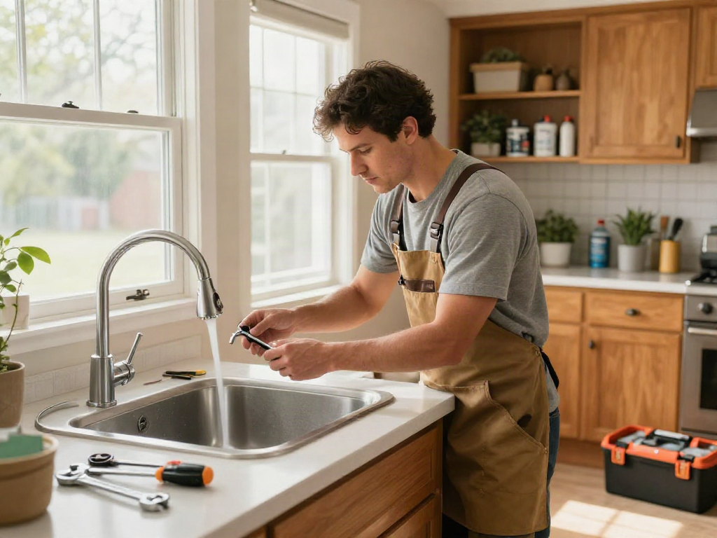 home repair services Des Moines Iowa handyman fixing leaky faucet in a cozy kitchen
