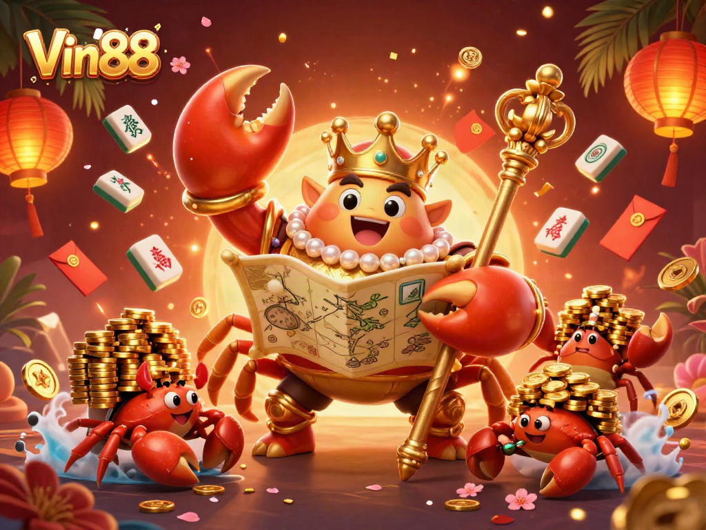 Experience Vin88 with dynamic gaming action featuring a golden crab emperor and treasures in a vibrant casino scene.