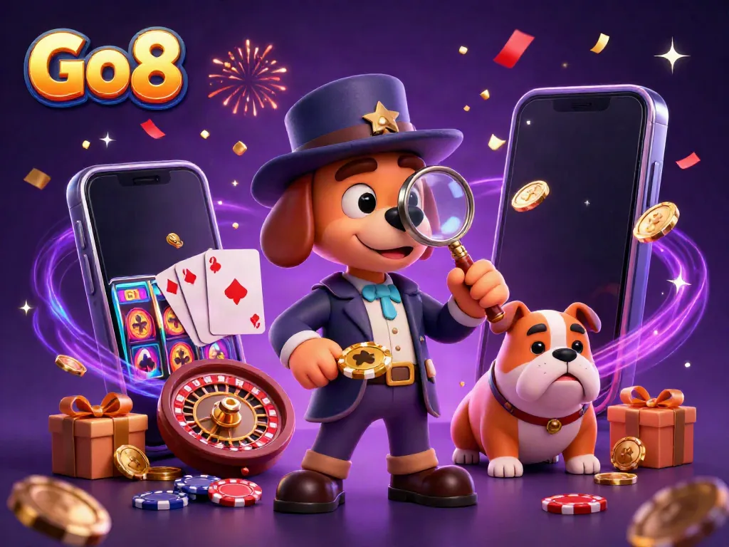 Explore the excitement of Go 8 casino games with a detective scene revealing colorful slots and treasures.
