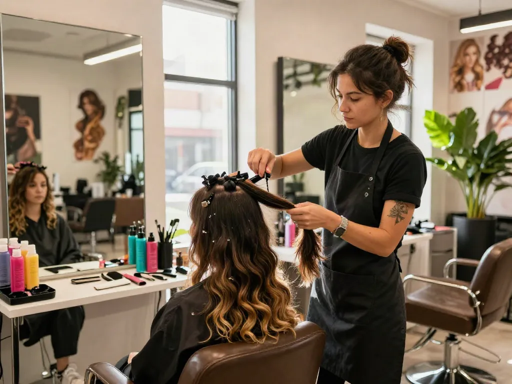 Application of feather crochet hair extensions in a bright salon setting, showcasing stylist-client interaction and vibrant hair products.