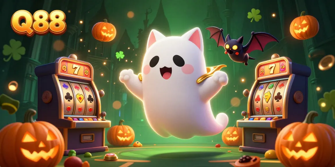 Experience thrilling moments at Q88 with a ghost cat and bat illuminating a haunted casino scene.