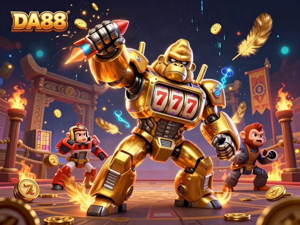 Experience the excitement of DA88 with a golden gorilla mech amidst vibrant casino elements.