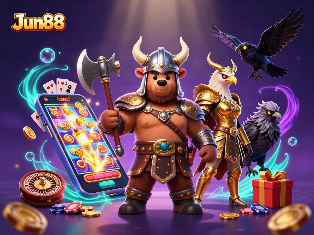 Experience thrilling slots at Jun88 with a Viking berserker and Valkyrie eagle in action!