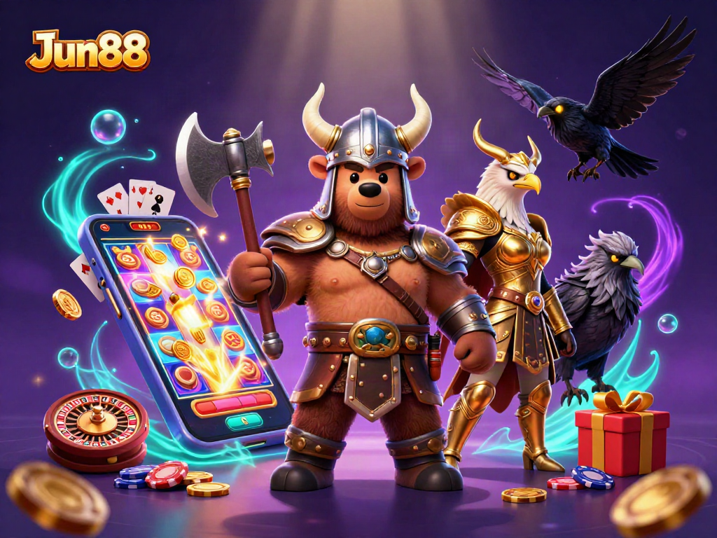 Experience thrilling slots at Jun88 with a Viking berserker and Valkyrie eagle in action!