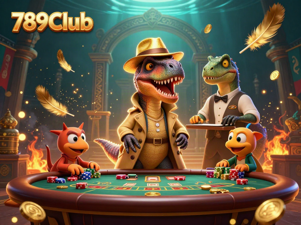Engaging scene of 789Club with a velociraptor card counter, stegosaurus pit boss, and small compy pickpocket dynamically gambling
