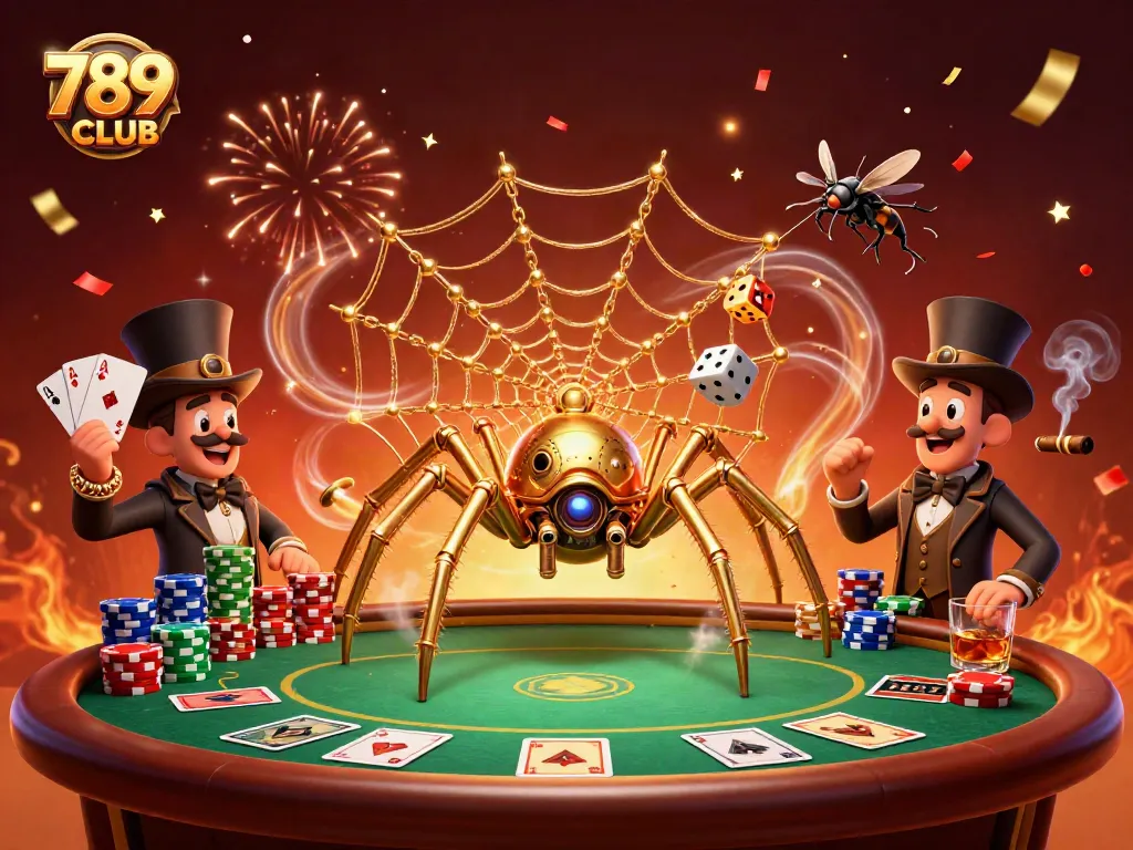 Engage with 789CLUB in a vibrant casino scene featuring a golden spider and poker elements.