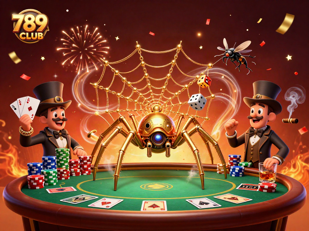 Engage with 789CLUB in a vibrant casino scene featuring a golden spider and poker elements.