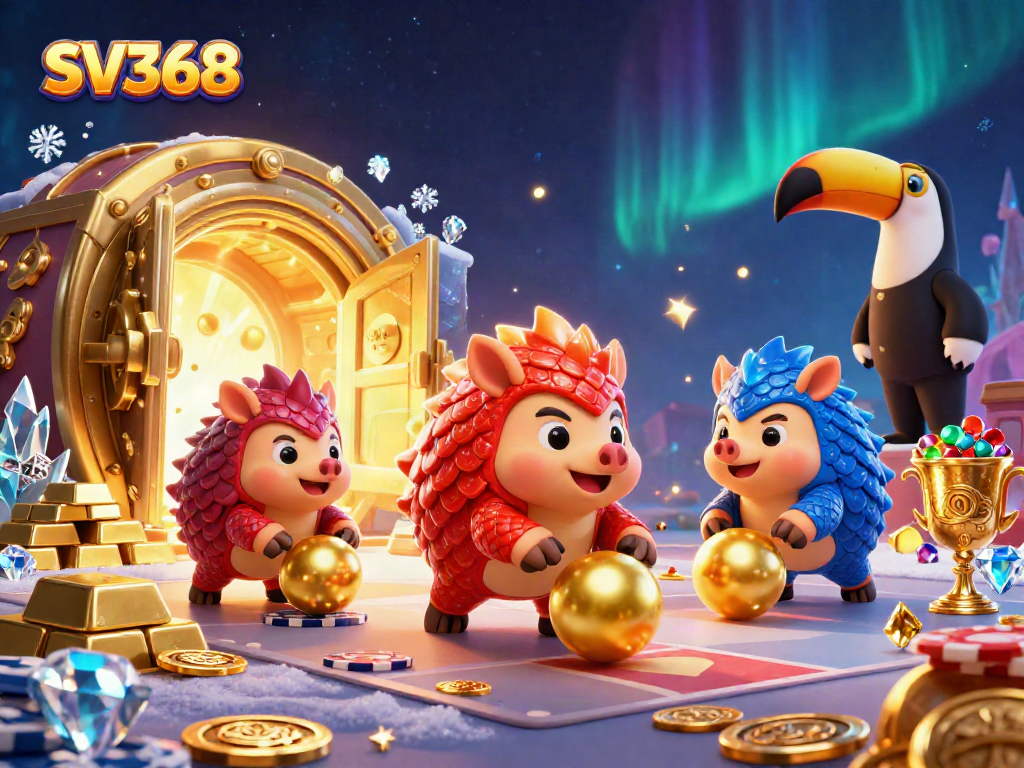Engage with SV368's exciting casino experience featuring animated pangolins in a dynamic gambling scene.