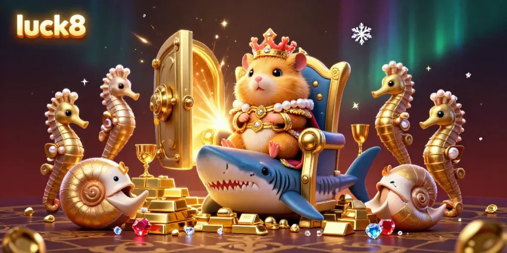 Experience thrilling games like slots at luck8 while surrounded by treasures and a royal hamster king.