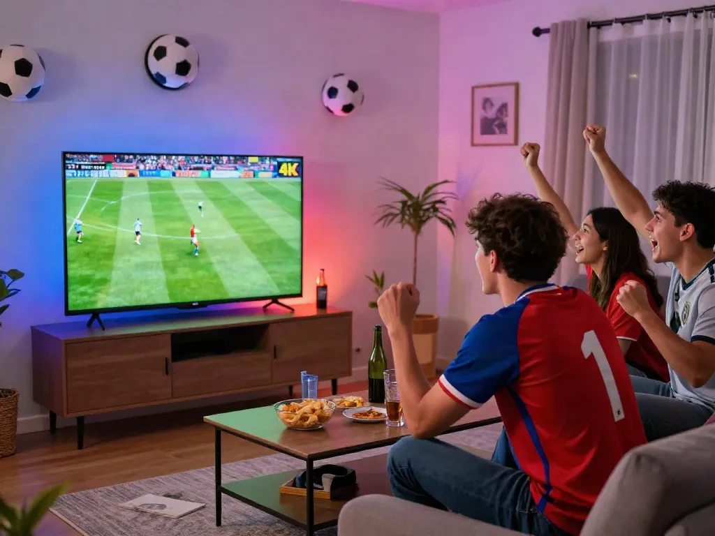 Excited fans watching thapcamtv live football with snacks in cozy living room.