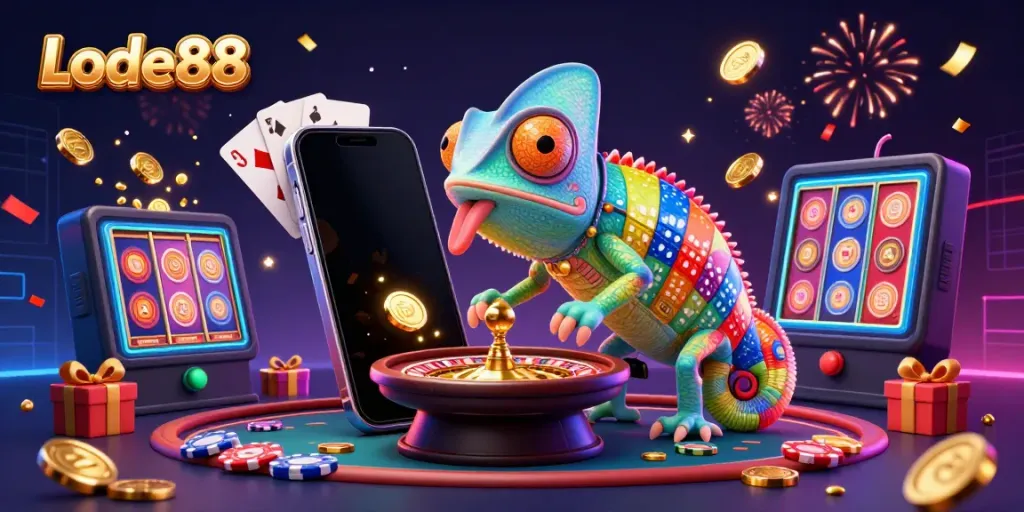 Experience the vibrant Lode88 casino world with a chameleon owner, colorful game elements, and golden coins.