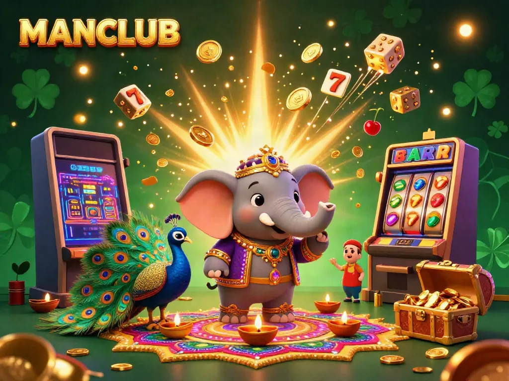 Engage with MANCLUB's vibrant 3D casino scene featuring an elephant, peacock, and a jackpot-filled slot machine.