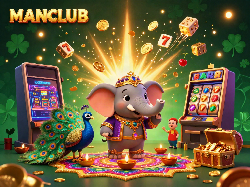 Engage with MANCLUB's vibrant 3D casino scene featuring an elephant, peacock, and a jackpot-filled slot machine.