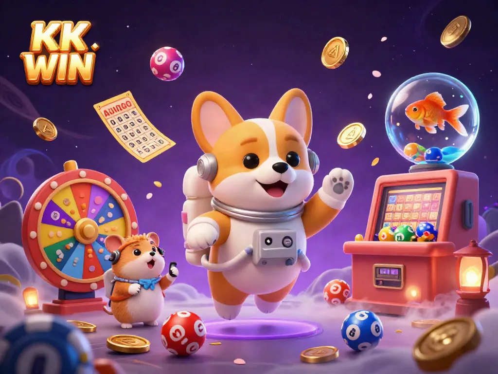 Experience the thrill of KK WIN with an astronaut corgi in a vibrant space casino scene filled with casino elements.