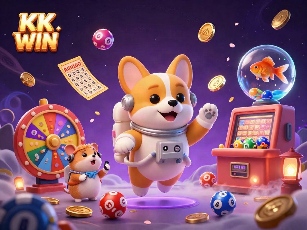 Experience the thrill of KK WIN with an astronaut corgi in a vibrant space casino scene filled with casino elements.