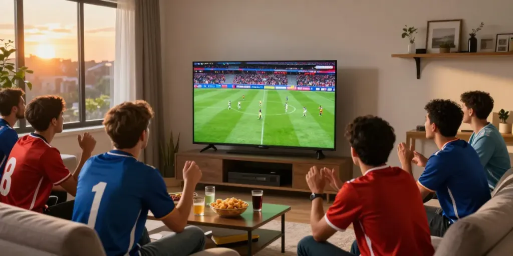Football fans enjoying an exciting match on ThapcamTV in a lively living room.
