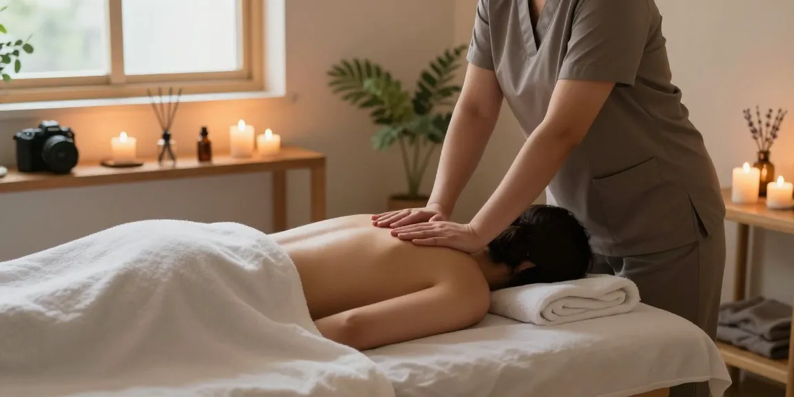 Professional therapist providing 화성출장마사지 in serene wellness room with candles and essential oils.