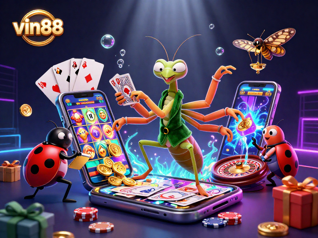 Engage with vin88's vibrant slot game magic featuring a cartoon praying mantis and a ladybug boss.