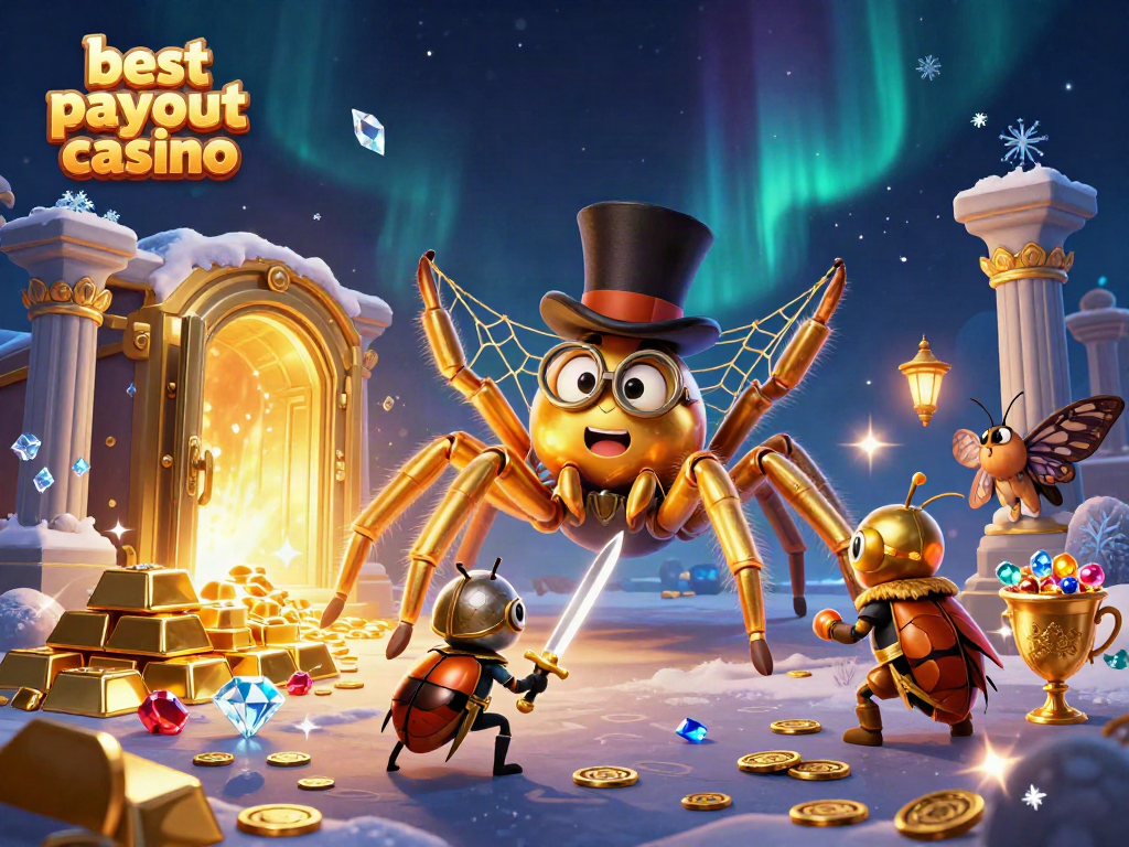 Experience the whimsy of the best payout casino with a golden tarantula and brave beetle knight amidst a treasure vault.