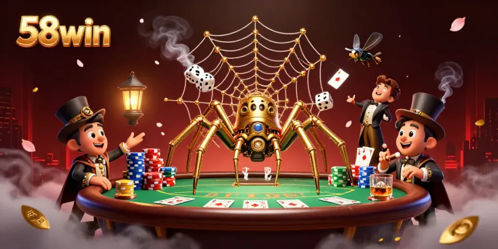 Engage in the 58win casino experience with dynamic 3D illustration showcasing steampunk themes and poker elements.