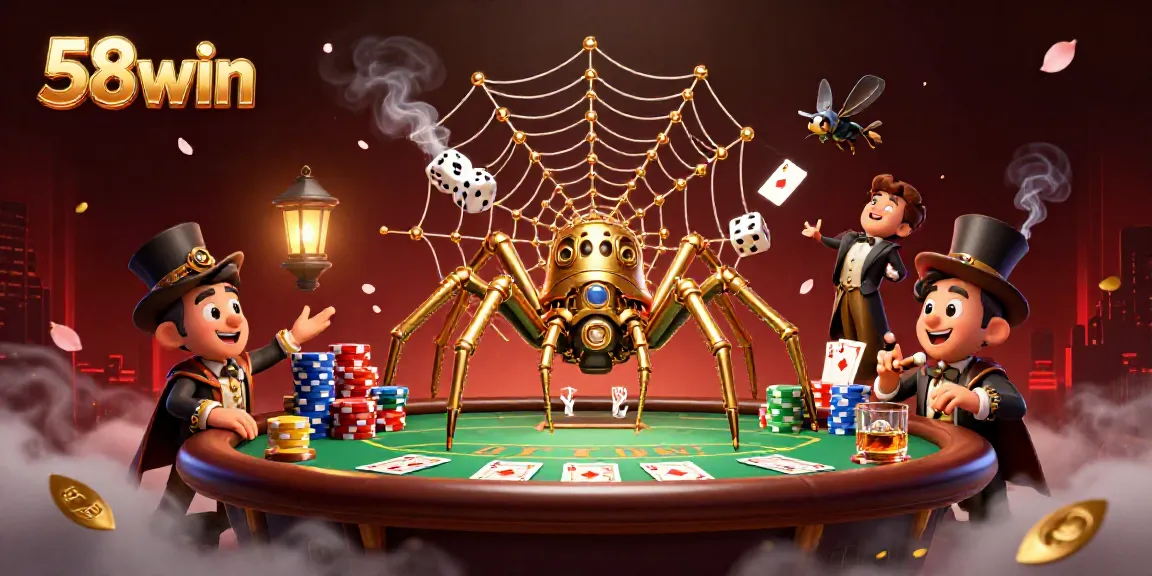 Engage in the 58win casino experience with dynamic 3D illustration showcasing steampunk themes and poker elements.