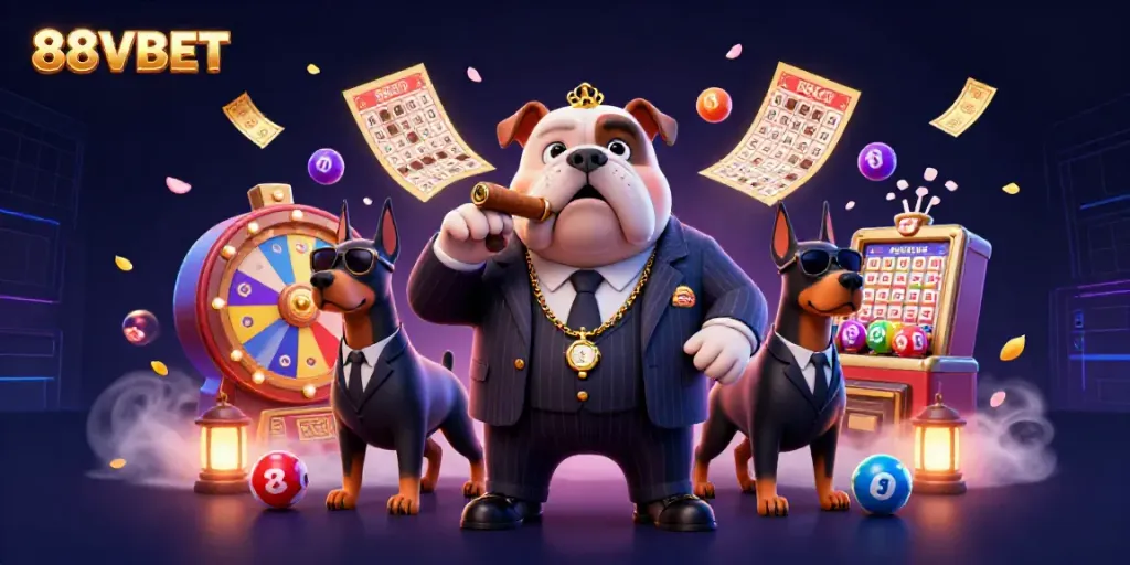 Engage with 88VBET's thrilling world featuring a mafia bulldog and dynamic casino elements.