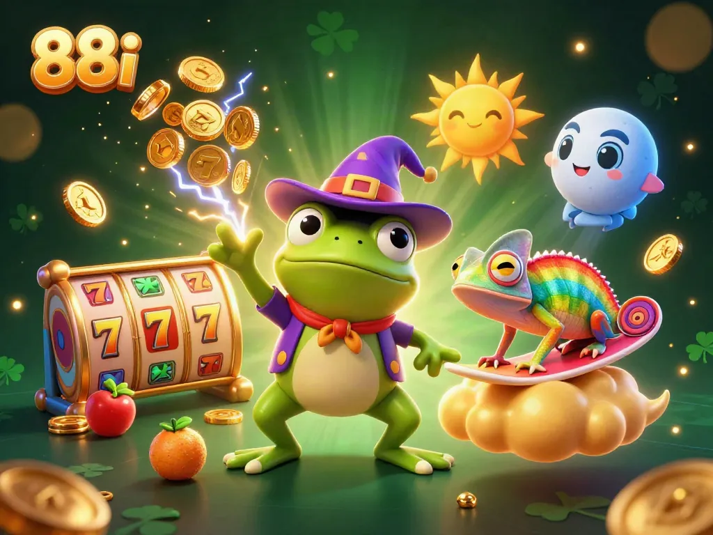 Experience the magic of 88i as the frog conjures golden coins amidst vibrant slot game elements, creating an exhilarating casino atmosphere.