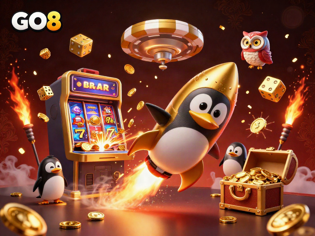 Spin and win with GO8's golden penguin and dynamic casino elements in an exciting 3D scene.