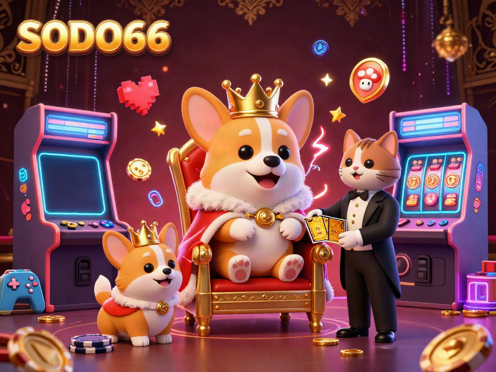 SODO66 gaming scene with a royal corgi on poker chips, engaging with vibrant slot machines and golden card decks.