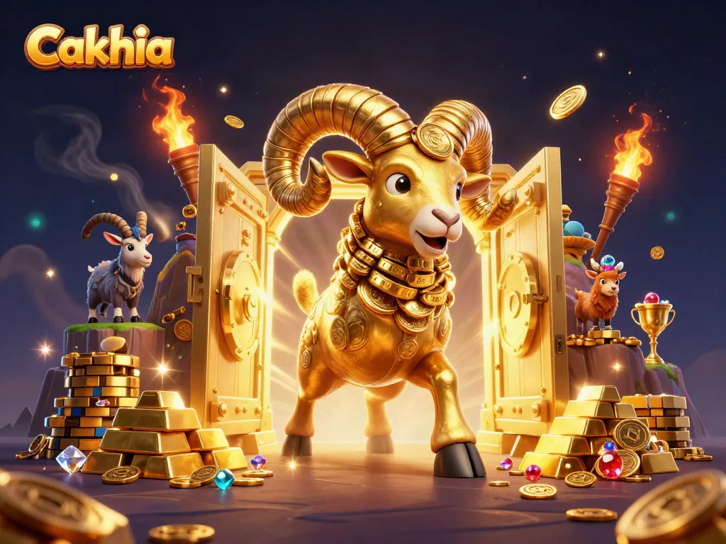 Cakhia showcases dynamic, golden ram charging through treasure-filled gates, emphasizing online sports enjoyment.