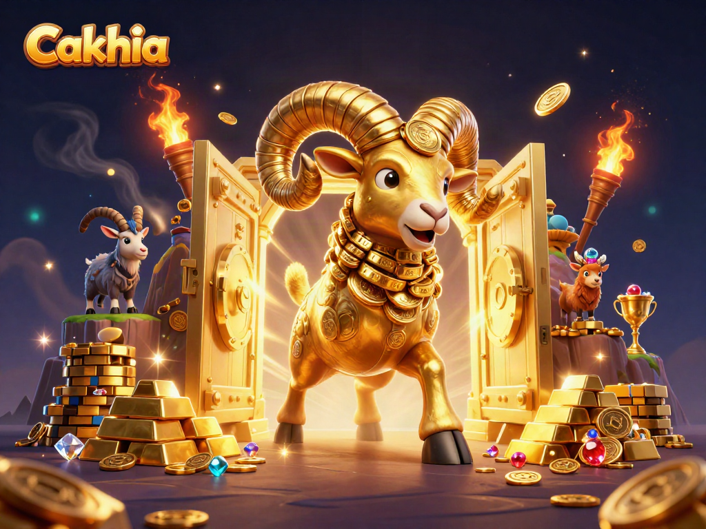 Cakhia showcases dynamic, golden ram charging through treasure-filled gates, emphasizing online sports enjoyment.