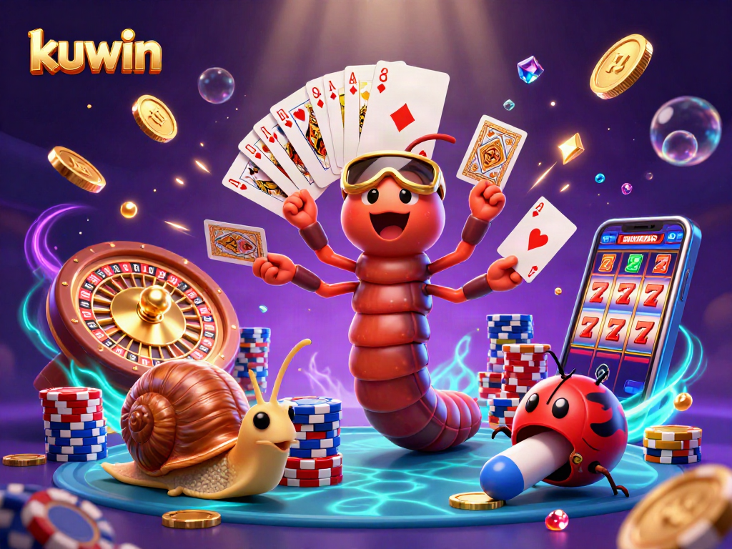 Kuwin casino showcases excitement with a millipede dealer, high-roller snail, and bubbling treasures.