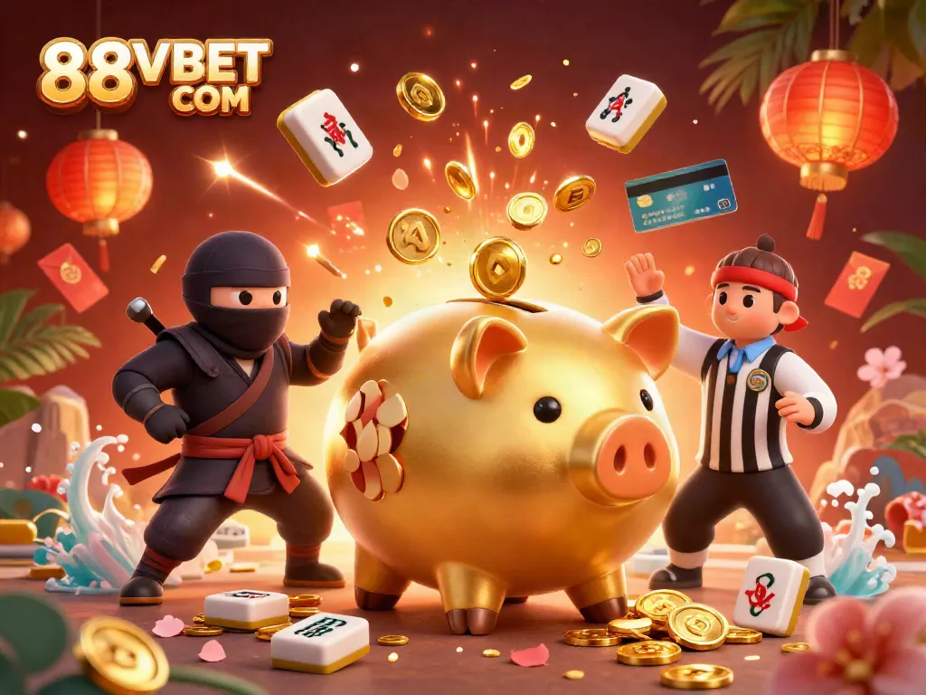 Engage with the thrilling world of gambling in 88VBET COM, featuring a dynamic scene of a golden piggy bank sumo wrestler, a wallet-ninja, and a credit-card samurai.