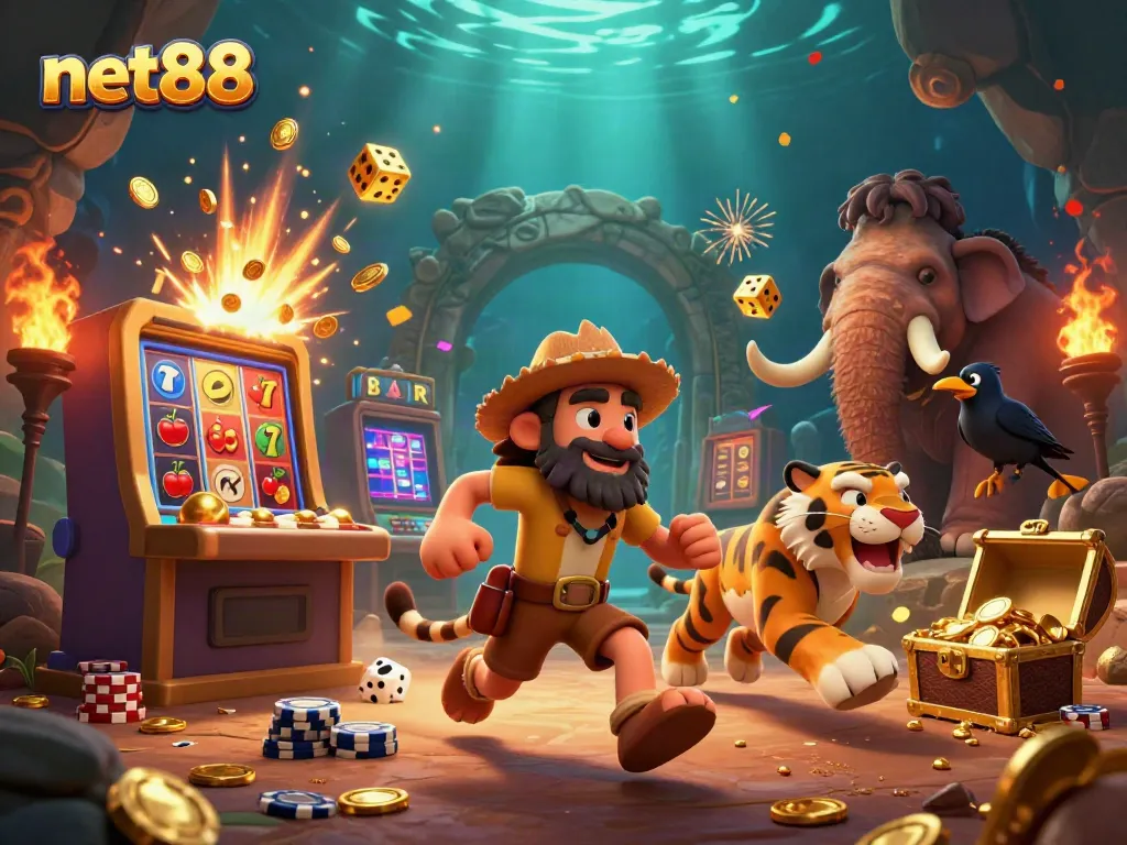 Experience excitement at the net88 casino with a vibrant prehistoric scene featuring a caveman, sabertooth tiger, and crow scoring games.