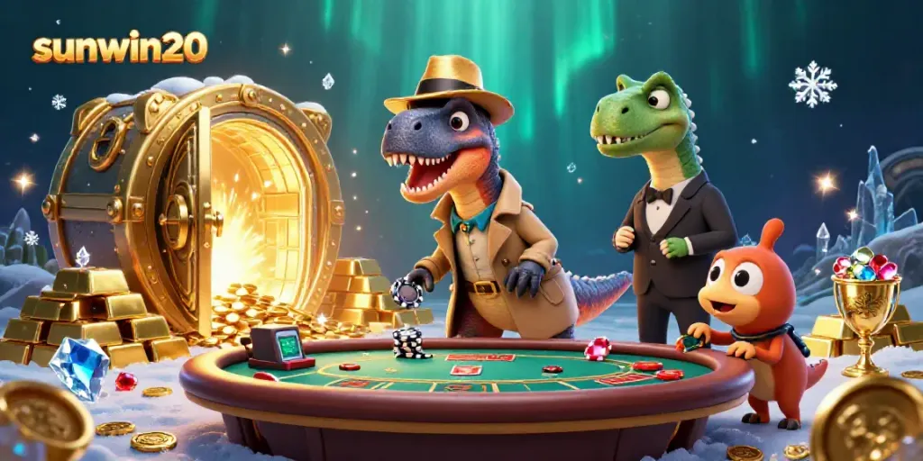 Experience sunwin20 at a blackjack table with a velociraptor card counter, catching treasure in a rich casino scene.