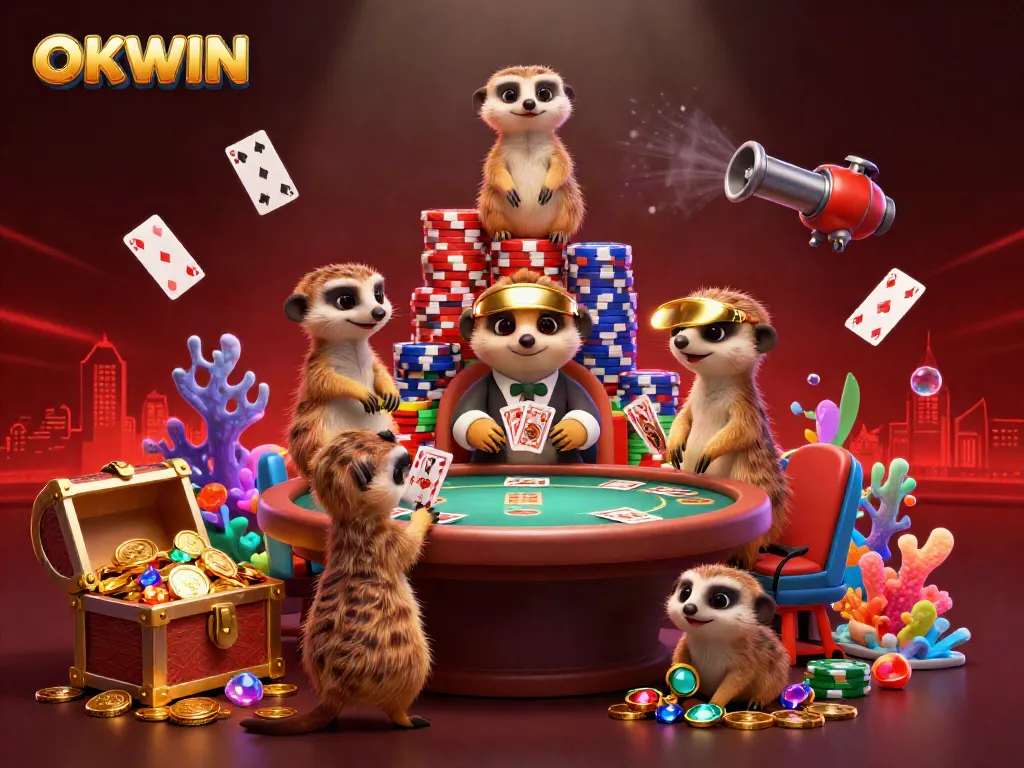Engage in exciting casino operations with meerkats at OKWIN, experiencing vibrant poker amidst treasure!