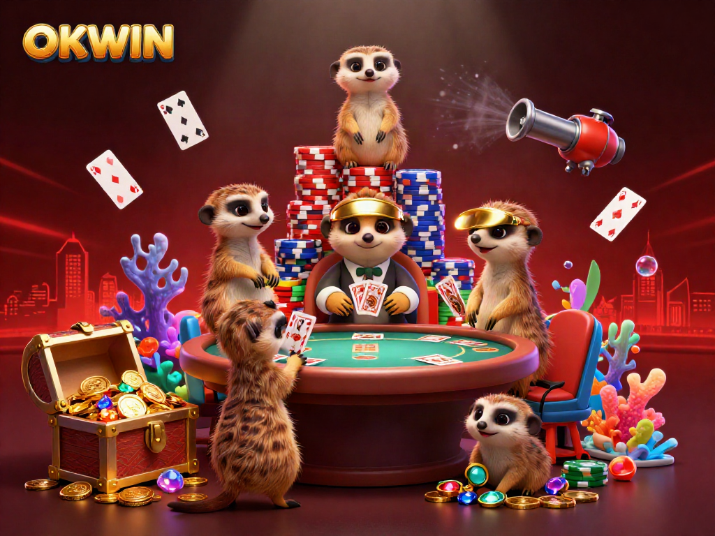 Engage in exciting casino operations with meerkats at OKWIN, experiencing vibrant poker amidst treasure!