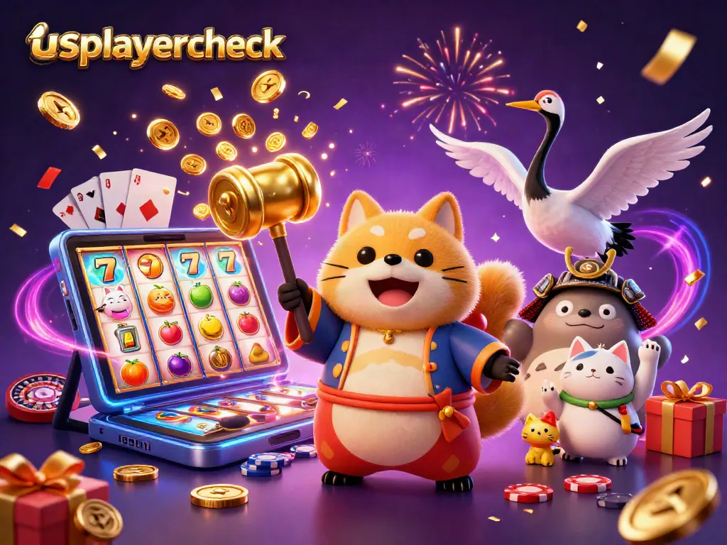 usplayercheck showcases fun with a cheerful tanuki and crane, celebrating gaming excitement!