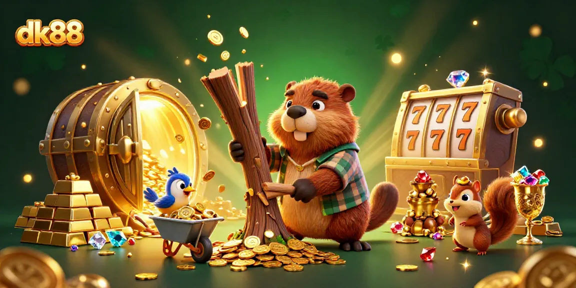 Experience the excitement at dk88 with a lively scene of a beaver and friends collecting golden coins and treasures.