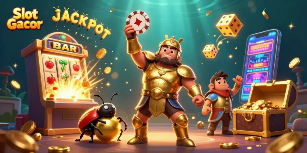 Menangkan Slot Gacor dengan gambar menarik pemenang chip poker dan mesin slot penuh harta.
