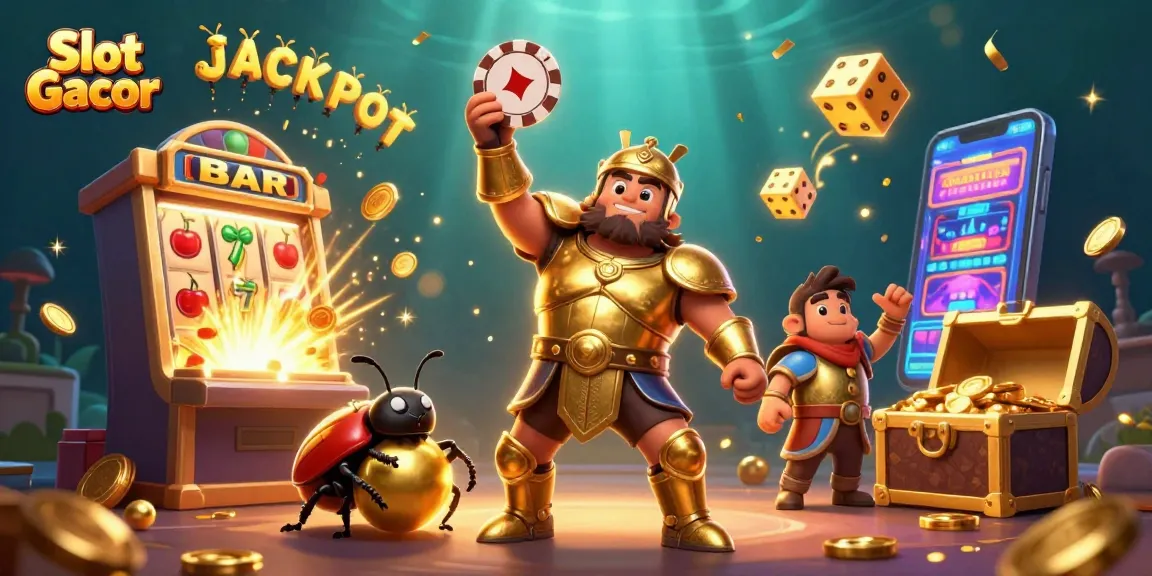 Menangkan Slot Gacor dengan gambar menarik pemenang chip poker dan mesin slot penuh harta.