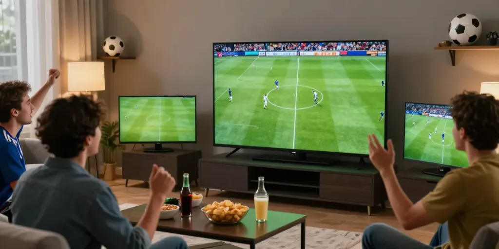 Exciting sports watch party experience featuring friends enjoying cakhiatv live football.