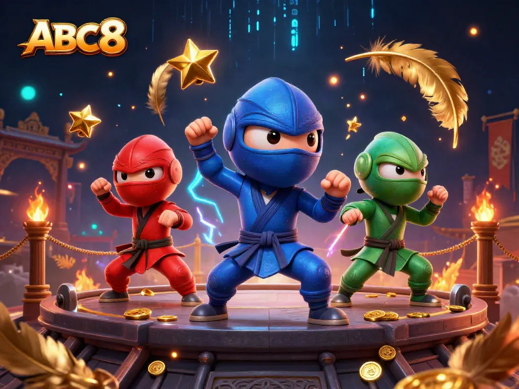 Experience thrilling gaming with ABC8 chameleons showcasing synchronized martial arts amidst vibrant casino elements.