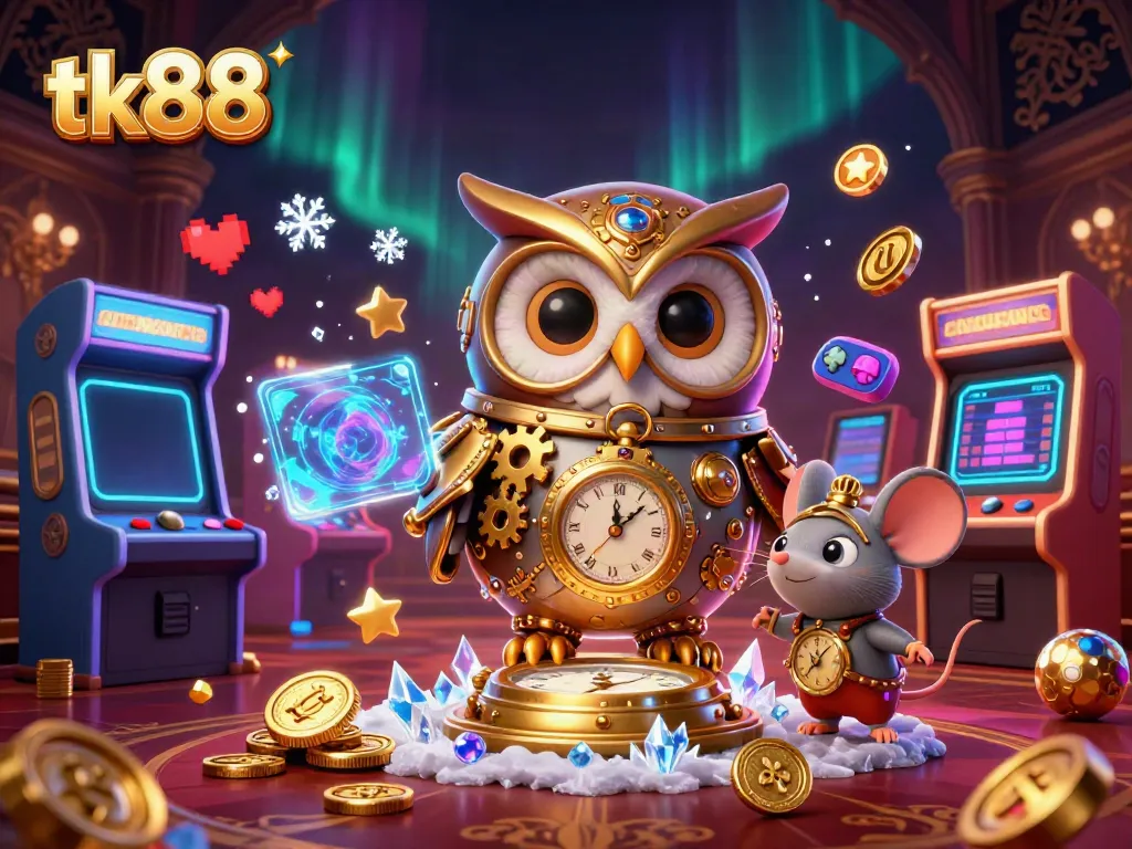 Experience the thrilling world of tk88 casino with a vibrant 3D owl and arcade elements in this captivating scene.