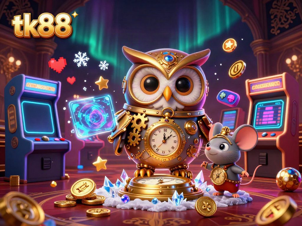 Experience the thrilling world of tk88 casino with a vibrant 3D owl and arcade elements in this captivating scene.